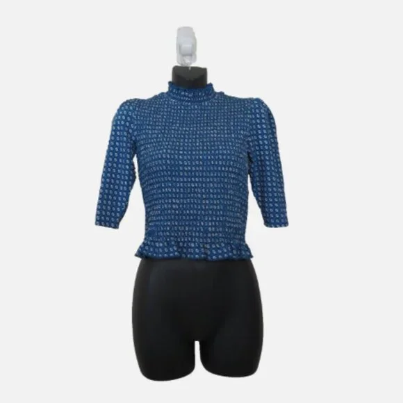 Sandro size 0 Molitor Smocked Top Blue Printed Half Sleeve Mock Neck NEW - Picture 1 of 6